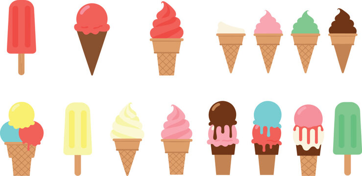 Vector illustration set featuring diverse flat design ice cream cones soft serve swirls and colorful popsicles for summer menus