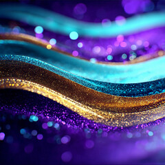 Glitter Teal Violet Golden Wave Stripes Design Sparkle Motion Lines with bokeh effect background