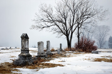 Winter scene of a cemetery with light snow covering granite tombstones and bare trees in the background