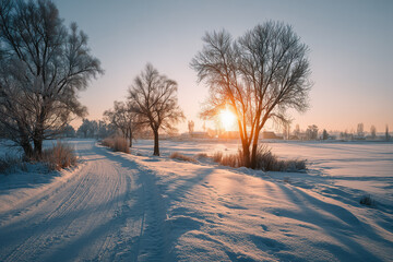 Winter solstice marks the start of a new season with sunrise over snowy landscape and trees in the distance