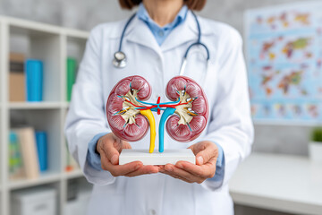 Doctor holds a model of human kidneys during World Kidney Day event in a medical clinic