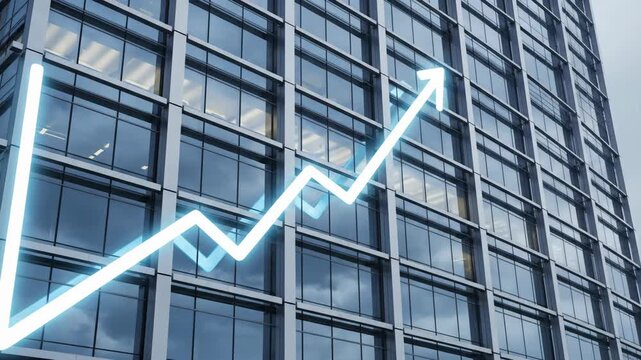Blue glow growth arrow ascending against office building architecture. Successful financial chart showing rising trend. Business progress and sales increase concept.