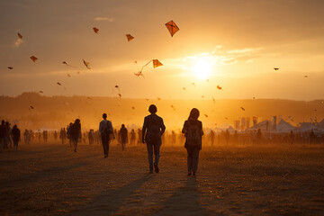Young people enjoy kite flying and competition at a festival during sunset in an open field