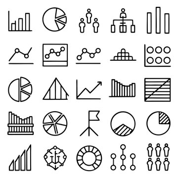 This image features a variety of icons representing different types of data visualization techniques. It includes bar charts, pie charts, line graphs, scatter plots, and other statistical graphics.