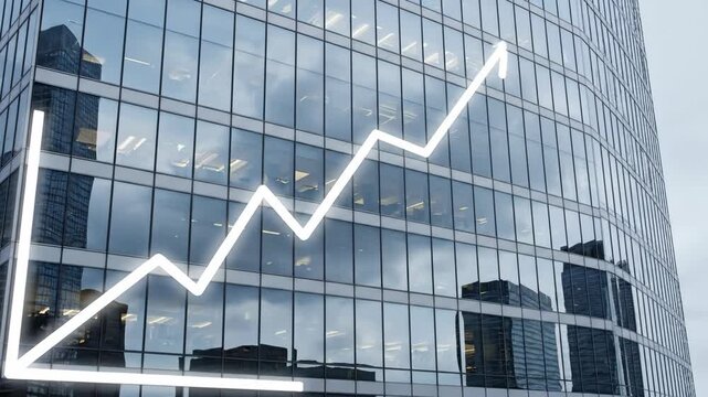 Line graph on glass skyscraper showing fluctuating business growth to rising trend. Financial market data visualization concept.
