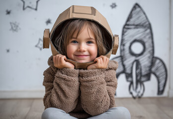 Child enjoys creative play in astronaut helmet with rocket backdrop during a festive celebration