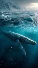 Fototapeta premium Majestic humpback whale swimming beneath arctic ice. A serene blend of marine life and icy landscapes in a moment of polar tranquility.