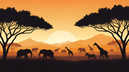 African Wildlife Silhouettes at Sunset &ndash; Majestic Safari Animals Landscape