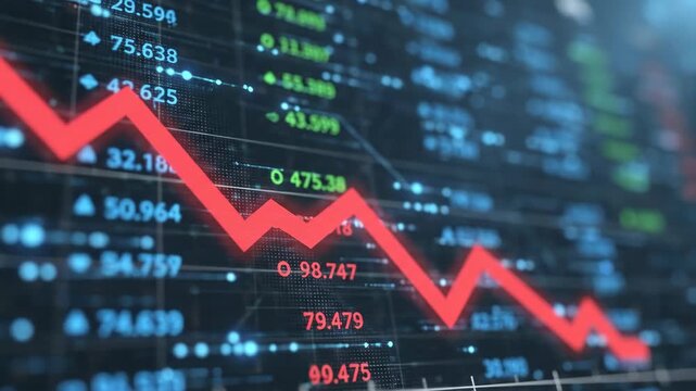 Red arrow pointing downward on digital financial graph. Declining trend line market data visualization for investment analysis.