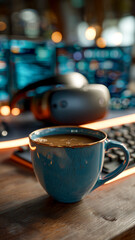 A teal ceramic mug holds warm coffee on a wooden desk with a headset and glowing monitors in the background. Cozy and tech-inspired.
