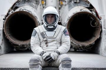 Astronaut sits on rocket with engines off and prepares for space mission on launch pad in a quiet setting