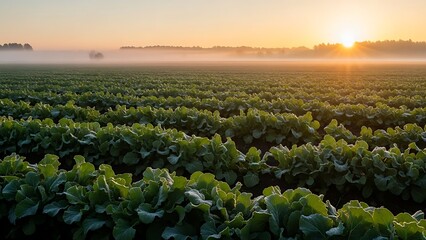 Fototapeta premium Vast Agricultural Field at Sunrise with Morning Mist and Vibrant Green Crops.