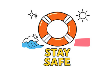 Lifebuoy safety symbol with waves and sun illustration for water safety awareness