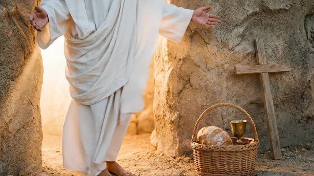 The Resurrection of Jesus: Jesus emerges from the tomb, surrounded by light. Easter morning, a concept of new life with a cross, bread, and a golden chalice of wine. God, Christianity, Orthodoxy.