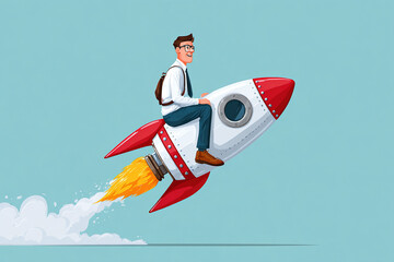 Businessman seated on a rocket during launch, showing excitement for new ventures and ideas