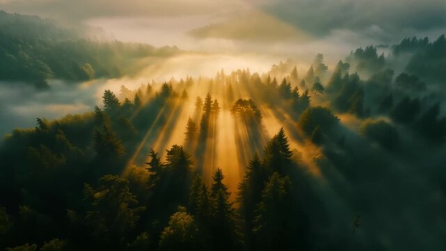Aerial view of a lush evergreen forest covered in morning mist with dramatic golden sun rays streaming through the trees creating a serene and atmospheric wilderness landscape