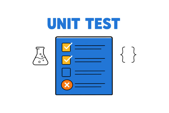 Unit test concept with checklist, beaker, and brackets for software development