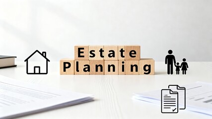 Wooden cubes spelling 'Estate Planning' on desk. Estate planning concept