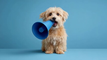 Adorable fluffy puppy sitting in a studio with a blue background and holding a megaphone in its mouth, symbolizing protest, announcement, or important information for everyone to hear