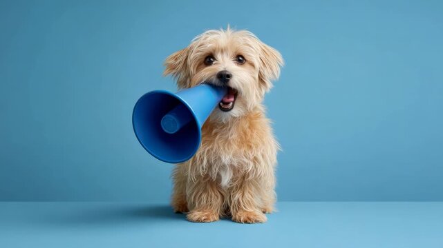 Adorable fluffy puppy sitting in a studio with a blue background and holding a megaphone in its mouth, symbolizing protest, announcement, or important information for everyone to hear