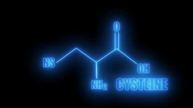Glowing blue molecular structure of amino acid cysteine on black background chemistry