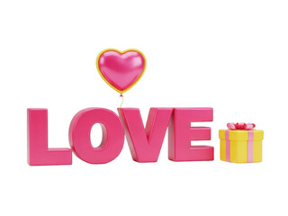 Pink heart balloon and gift box over the word love isolated on transparent background