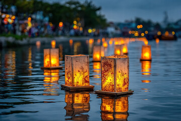 Floating lanterns drift along the river as night settles over the lively festival scene