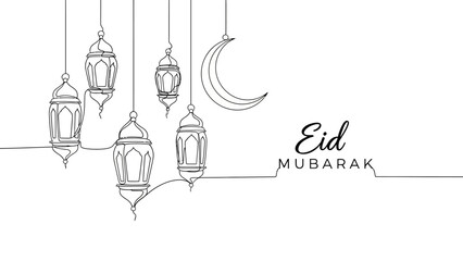 Eid Mubarak celebration lanterns and crescent moon