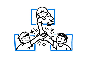 Teamwork unity: three young adults celebrating success virtually