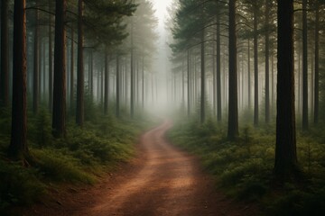 Serene misty forest path winding through tall pine trees with soft morning light filtering through atmospheric background haze. Ai generative