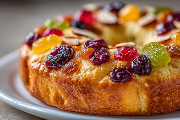 Colorful candied fruit toppings on pastry in a bakery setting, displaying sweet treats ready for customers