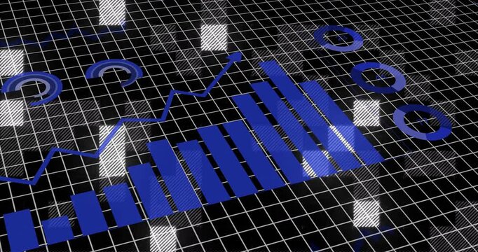 Blue bar chart and pie chart animation over black grid background