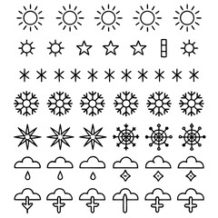 Fototapeta premium A collection of various weather and celestial symbols including suns, stars, snowflakes, clouds, rain, and other meteorological icons.