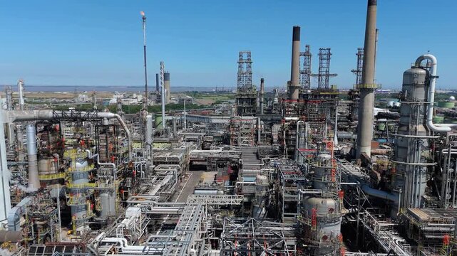Aerial view of the intricate network of pipes, reactors, and towers at Humber Refinery, creating a textured industrial landscape, Immingham, United Kingdom.