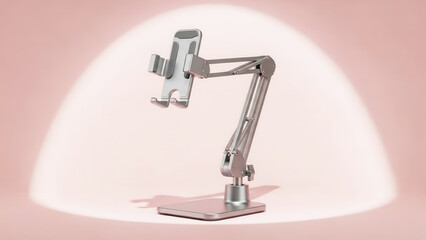 Ergonomic adjustable phone stand for comfortable video calls, flexible height and angle, sleek light pink design