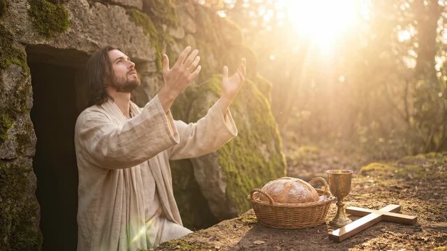 The Resurrection of Jesus: Jesus emerges from the tomb, surrounded by light. Easter morning, a concept of new life with a cross, bread, and a golden chalice of wine. God, Christianity, Orthodoxy.