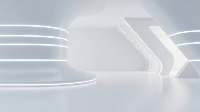 Futuristic White Sci-Fi Corridor Interior with Blue Neon Lights