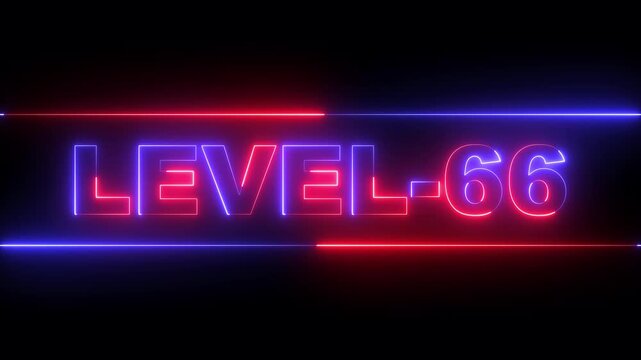 glowing neon Level-66 text inside a horizontal banner on black background. level 66 text icon animation. Neon level up sign. neon next Level text. Game concept next level. 4k video animation.