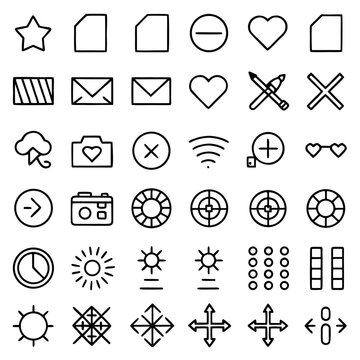 A collection of 36 black and white icons representing a variety of symbols and objects, including stars, shapes, hearts, envelopes, clouds, radio, targets, suns, clocks, and arrows.