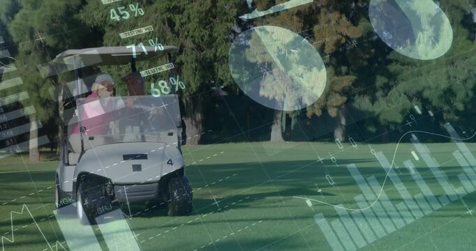 Couple navigating golf fairway, displaying tech charts, percentage figures and map overlays