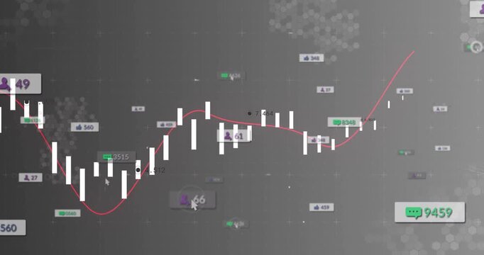 Dark UI starting candlestick bars trend line dipping then rising while icons counting market shifts