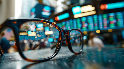 Eyeglasses rest on a surface, reflecting a vibrant stock exchange display, blurring the background, focusing on market insights.