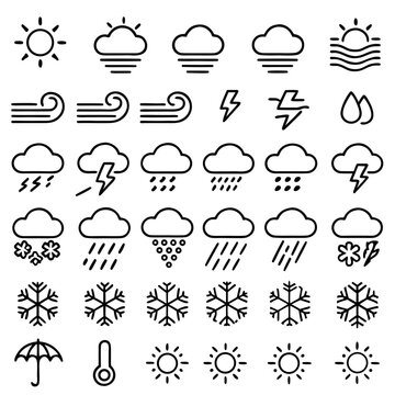 A collection of various weather-related icons including different types of clouds, rain, snow, wind, sun, and temperature indicators.