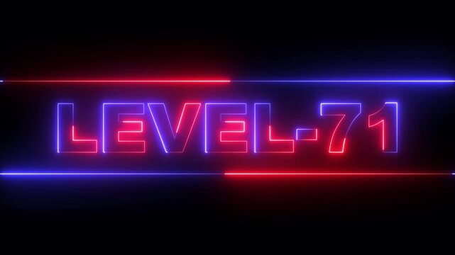 glowing neon Level-71 text inside a horizontal banner on black background. level 71 text icon animation. Neon level up sign. neon next Level text. Game concept next level. 4k video animation.