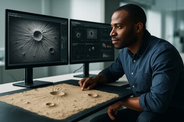 Scientist analyzing impact craters using 3D terrain model and digital crater data on dual monitors in modern lab with soft light and clean background. Ai generative