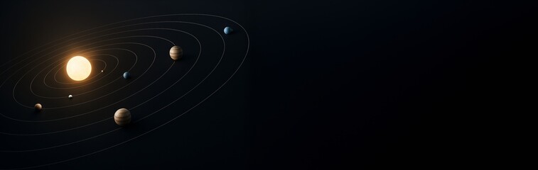 Solar system model with glowing sun and orbiting planets on dark background, right side empty for copyspace or banner design template. Ai generative