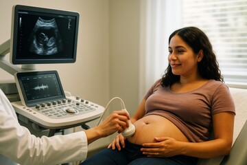 Pregnant woman smiling during ultrasound scan at clinic with doctor using equipment and baby image on monitor in softly lit medical room background. Ai generative