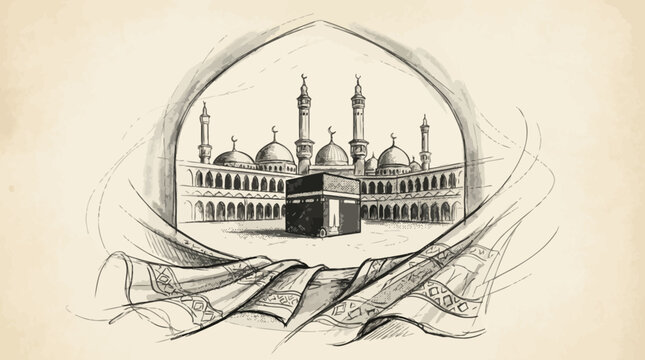 Kaaba Sketch Vector &ndash; Black and White Islamic Sacred Mosque Illustration with Kiswah, Minarets, Domes, Drapery for Hajj, Umrah, Mecca Pilgrimage, Religious Art