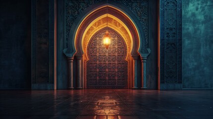 Islamic Archway Interior With Lantern And Dark Copy Space