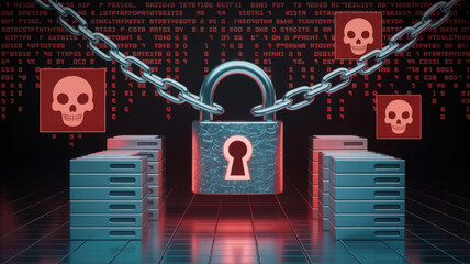 Digital Fortress Under Threat: A symbolic representation of data security, featuring a padlock with a keyhole, a robust chain, and ominous skull icons, set against a backdrop of a digital matrix.
